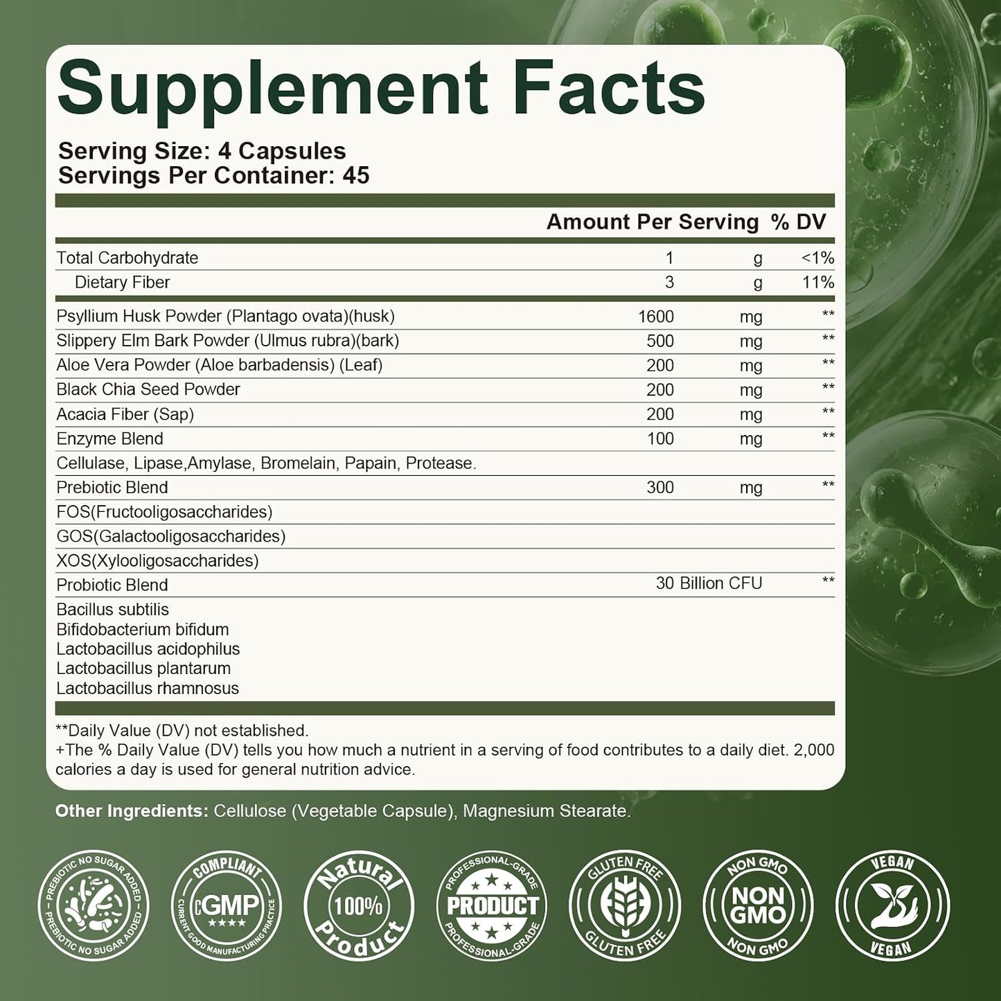 Migcopat Psyllium Husk Fiber Capsules, Fiber Supplement with Prebiotic Probiotic & Digestive Enzymes, Slippery Elm & Aloe Vera, Supports Gut Health & Regularity for Women & Men - 180 Capsules