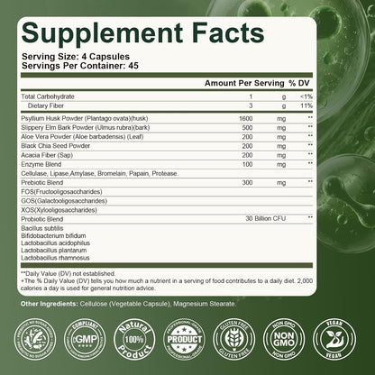Migcopat Psyllium Husk Fiber Capsules, Fiber Supplement with Prebiotic Probiotic & Digestive Enzymes, Slippery Elm & Aloe Vera, Supports Gut Health & Regularity for Women & Men - 180 Capsules