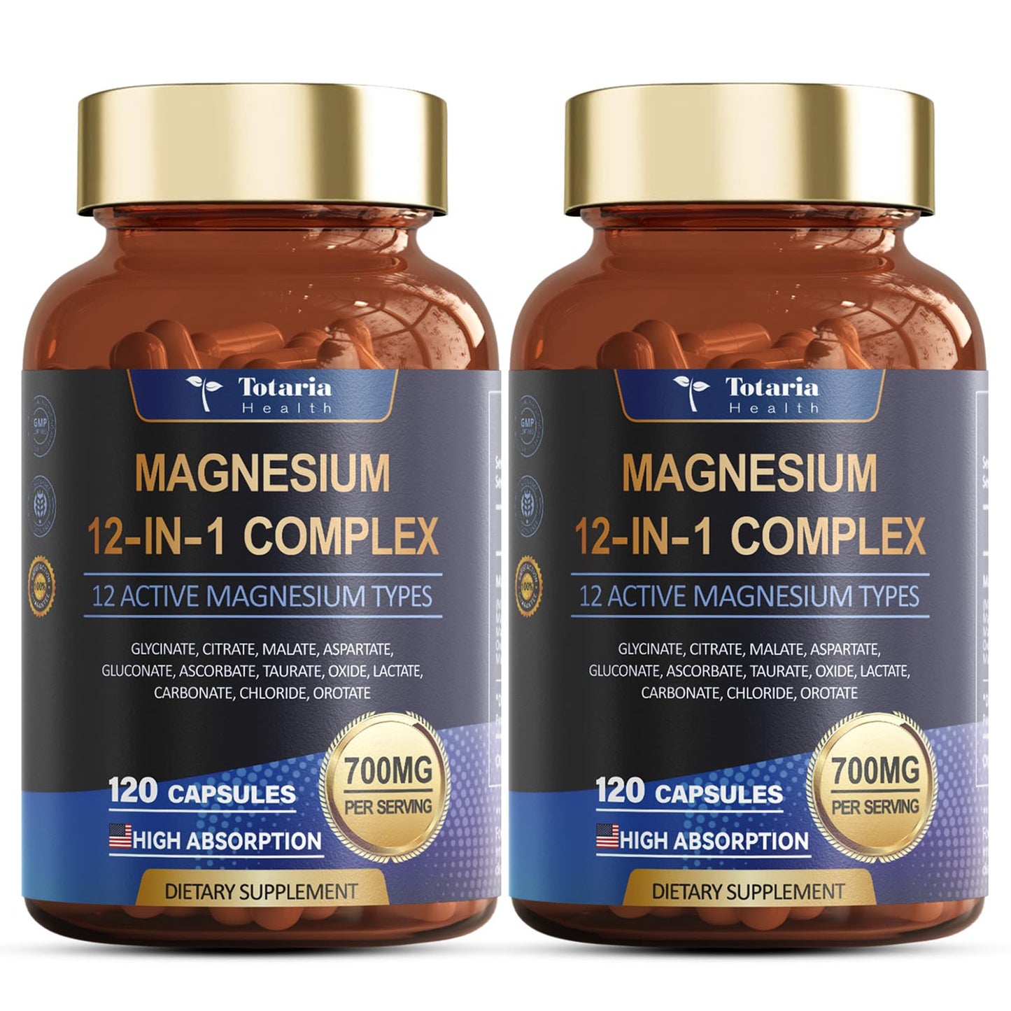 Totaria Magnesium Complex 700mg 12 in 1 Magnesium Supplement with Glycinate Citrate Malate Oxide Taurate Aspartate Orotate Magnesium Relaxation,Muscle,Heart Support, Vegan 120 Capsules