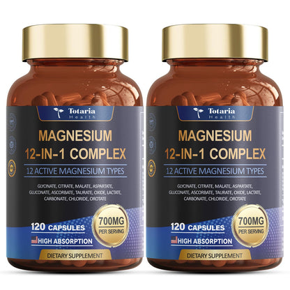 Totaria Magnesium Complex 700mg 12 in 1 Magnesium Supplement with Glycinate Citrate Malate Oxide Taurate Aspartate Orotate Magnesium Relaxation,Muscle,Heart Support, Vegan 120 Capsules