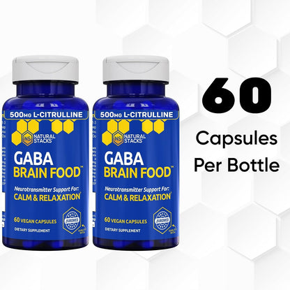 GABA Brain Food, Sleep & Relaxation Support with L-Citrulline, 120 Count | 633mg Gamma Aminobutyric Acid Supplement with Grape Seed Extract - Supports Sleep Function & Mood - Natural Stacks