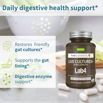 Igennus Live Cultures+ Lab4, Lactobacillus Acidophilus & Bifidobacterium | Lactis & Bifidum, 2 in 1 Probiotics & Prebiotic, 25 Billion CFU, Gut Health Support, Non-Bloating, Non-GMO, 30 Capsules