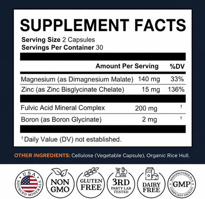 Minerals for Men with Fulvic Acid Complex, 60 Count | Fulvic Minerals, Boron, Zinc & Magnesium - Supports Men's Health & Vitality - USA Sourced Minerals, 3rd Party Tested
