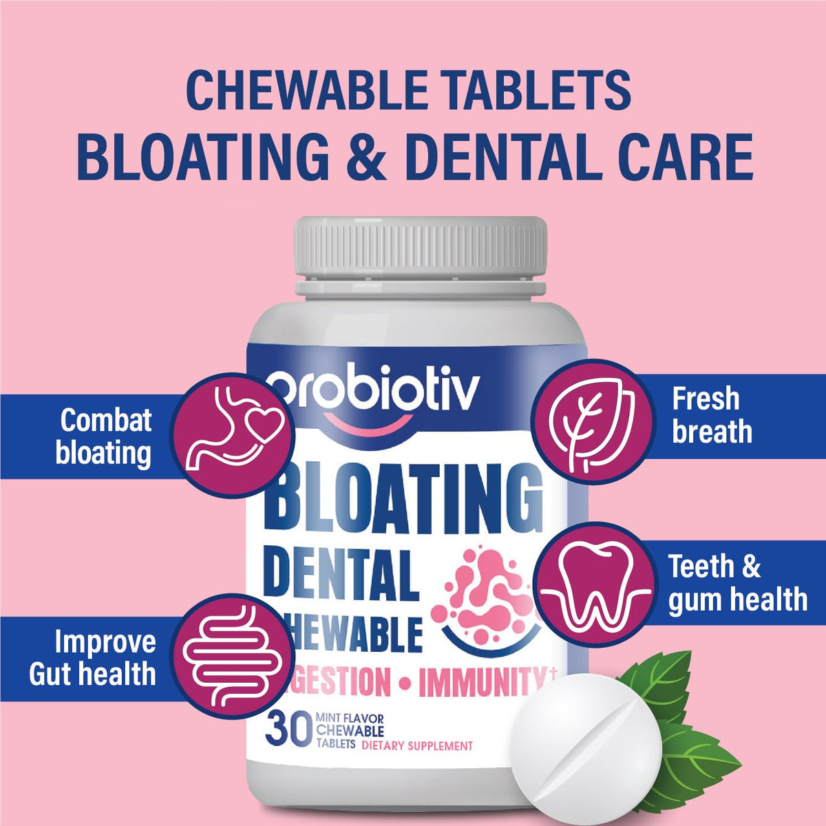 Probiotiv Chewable Probiotics for Daily Bloating w/ 5 Billion CFU – “Two-in-One Combo”