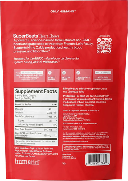 HumanN SuperBeets Heart Chews, Beet Root Powder Support Energy Supplement, Nitric Oxide and Blood Pressure Support, Grape Seed Extract & Non-GMO, Heart Health, Pomegranate Berry Flavor, 60 Count