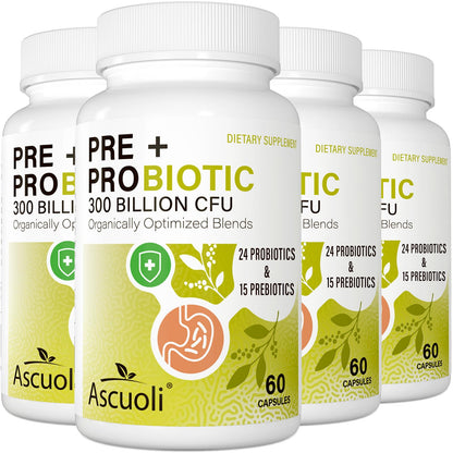 Prebiotics and Probiotics - 300 Billion CFU, 24 Probiotic+15 Herbs, 60 Caps | Probiotics for gut health, Immune & Digestive, Bloating - Probiotics for Women & Men