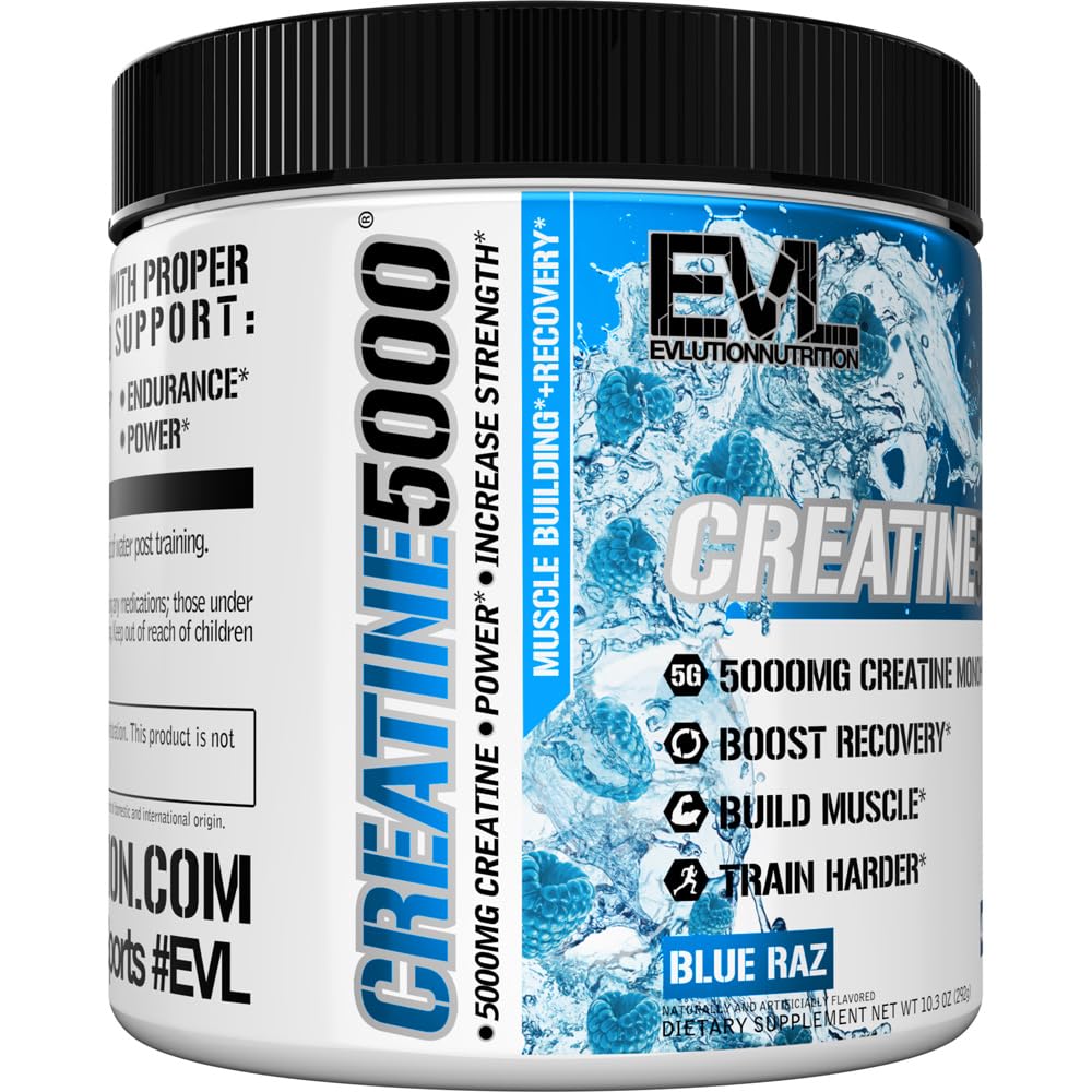 Evlution Nutrition Creatine 5000 - Supports Faster Recovery Lean Muscle Growth & Performance - Pre & Post Workout Powder - 5000mg Pure Creatine Monohydrate Per Serving - 60 Servings - Unflavored