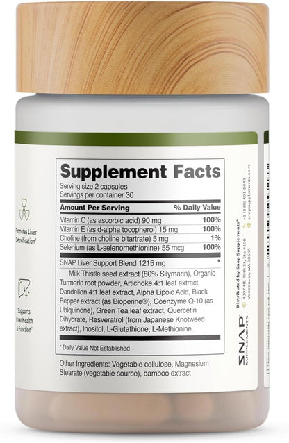 Snap Supplements Milk Thistle Silymarin Liver Support & Detox, 60 Ct 2-Pack | 80% Silymarin Milk Thistle with Turmeric, Dandelion, Artichoke & CoQ10, Vegetarian Liver Health Supplement, Vegan, Non-GMO