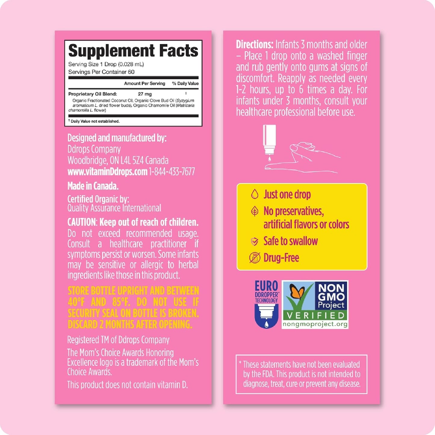 Ddrops Baby, Organic Teething Liquid Drops, for Ages 3 Months+, 60 Drops, 0.06 fl oz (1.7 ml)