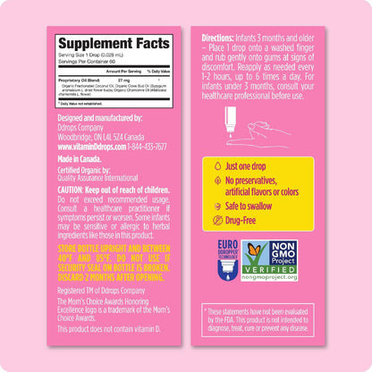 Ddrops Baby, Organic Teething Liquid Drops, for Ages 3 Months+, 60 Drops, 0.06 fl oz (1.7 ml)