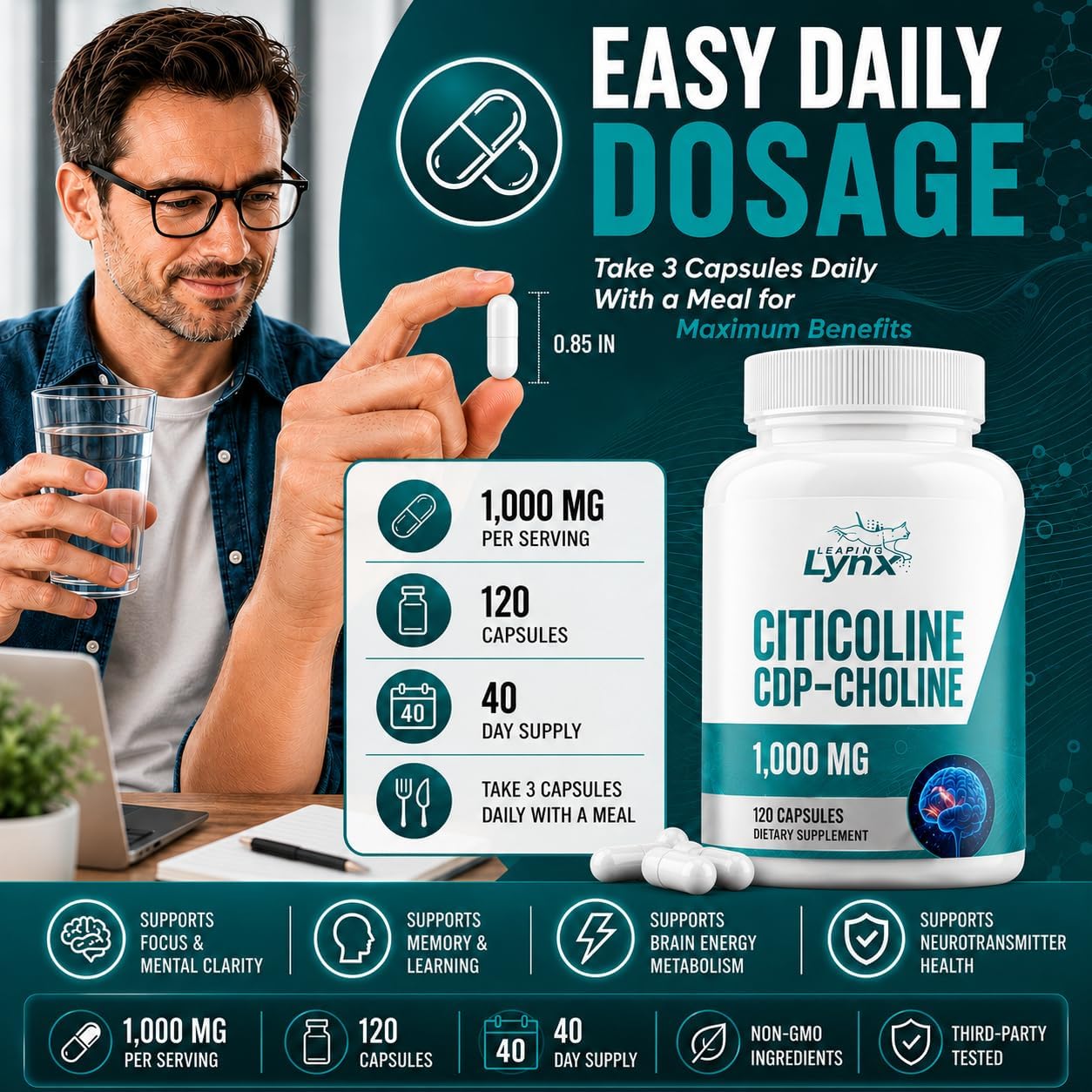 Leaping Lynx Citicoline 1000 mg (CDP Choline) Capsules – 120 Count – CDP Choline Supplement for Brain, Focus & Memory Support – Nootropic Choline Supplement – Non-GMO, ISO-Certified