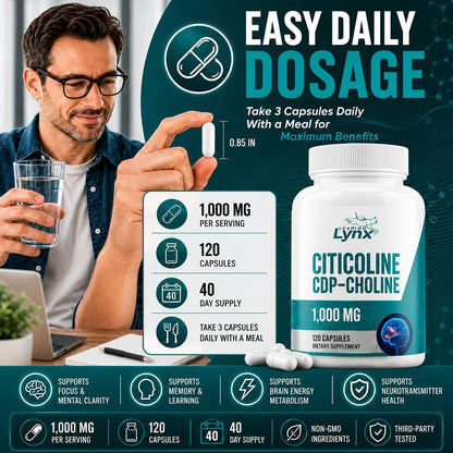 Leaping Lynx Citicoline 1000 mg (CDP Choline) Capsules – 120 Count – CDP Choline Supplement for Brain, Focus & Memory Support – Nootropic Choline Supplement – Non-GMO, ISO-Certified