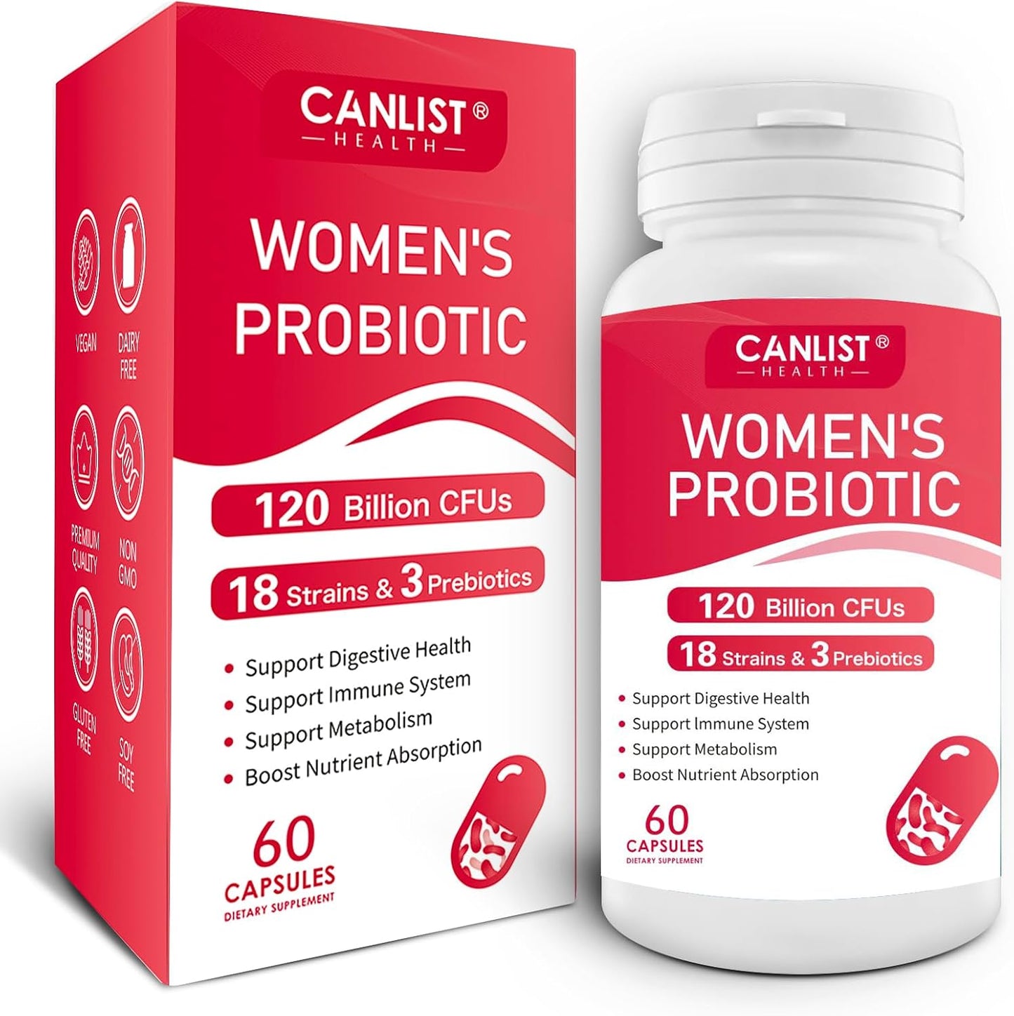 CANLIST Women's Probiotics 120 Billion CFUs 18 Strains 3 Prebiotics & Digestive Enzymes Contains Organic Prebiotic Cranberry Women's Health Digestive & Immune Support Non-GMO, 60 Capsules