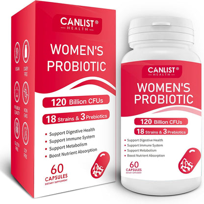 CANLIST Women's Probiotics 120 Billion CFUs 18 Strains 3 Prebiotics & Digestive Enzymes Contains Organic Prebiotic Cranberry Women's Health Digestive & Immune Support Non-GMO, 60 Capsules