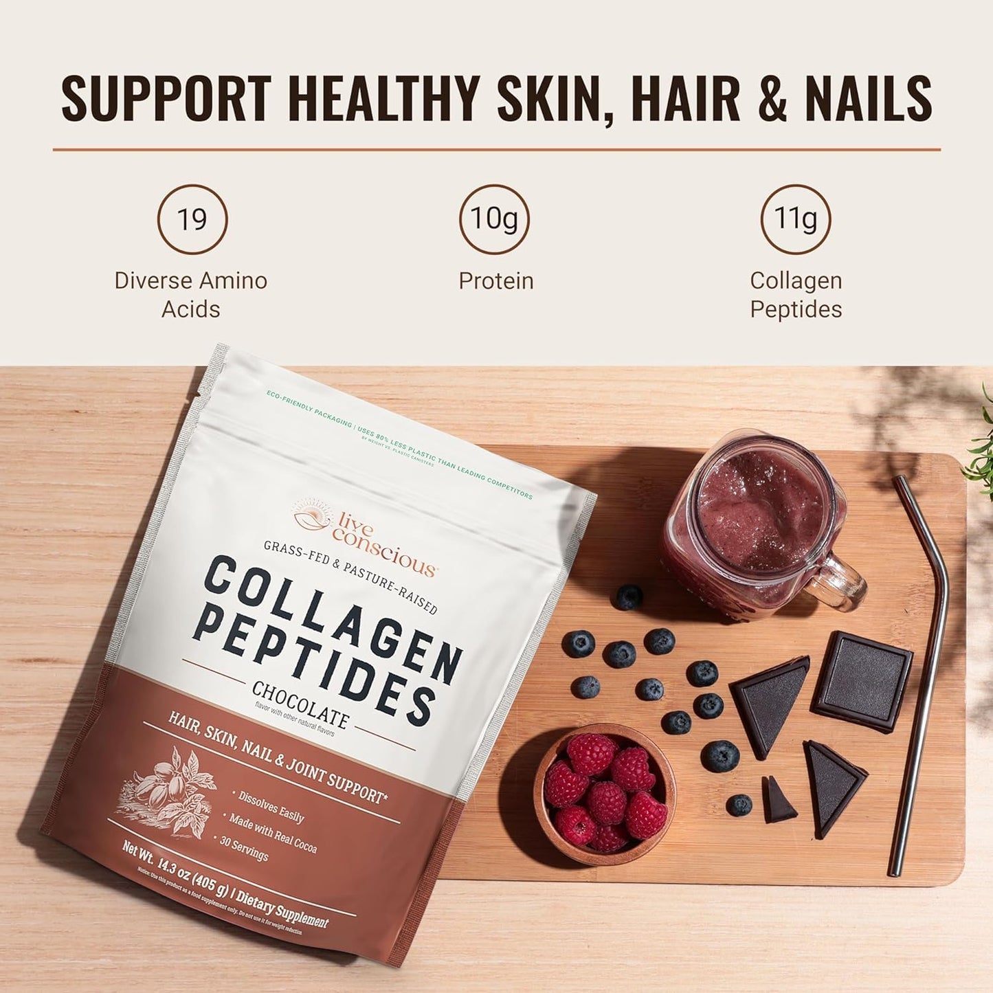 Live Conscious Collagen Peptides Powder - Naturally-Sourced Hydrolyzed Collagen Powder - Hair, Skin, Nail, and Joint Support - Type I & III Grass-Fed Collagen Supplements for Women and Men - 16oz