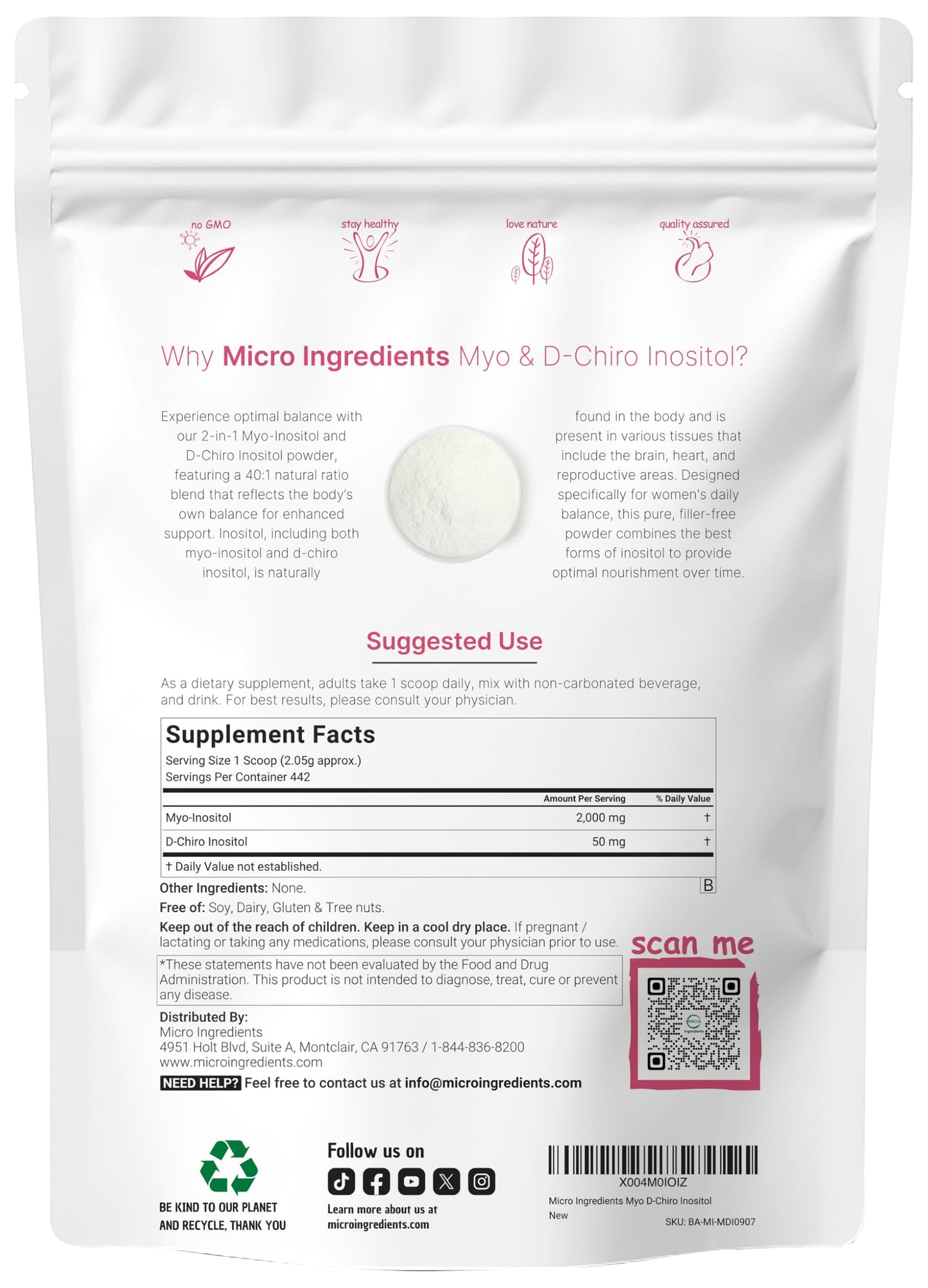 Micro Ingredients Myo-Inositol & D-Chiro Inositol Powder 1lb, 221 Servings | 40:1 Ideal Ratio Inositol Supplement for Women* | Support Hormonal Balance & Ovarian Health* | Non-GMO, Vegan, Filler-Free
