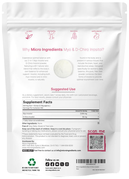 Micro Ingredients Myo-Inositol & D-Chiro Inositol Powder 1lb, 221 Servings | 40:1 Ideal Ratio Inositol Supplement for Women* | Support Hormonal Balance & Ovarian Health* | Non-GMO, Vegan, Filler-Free