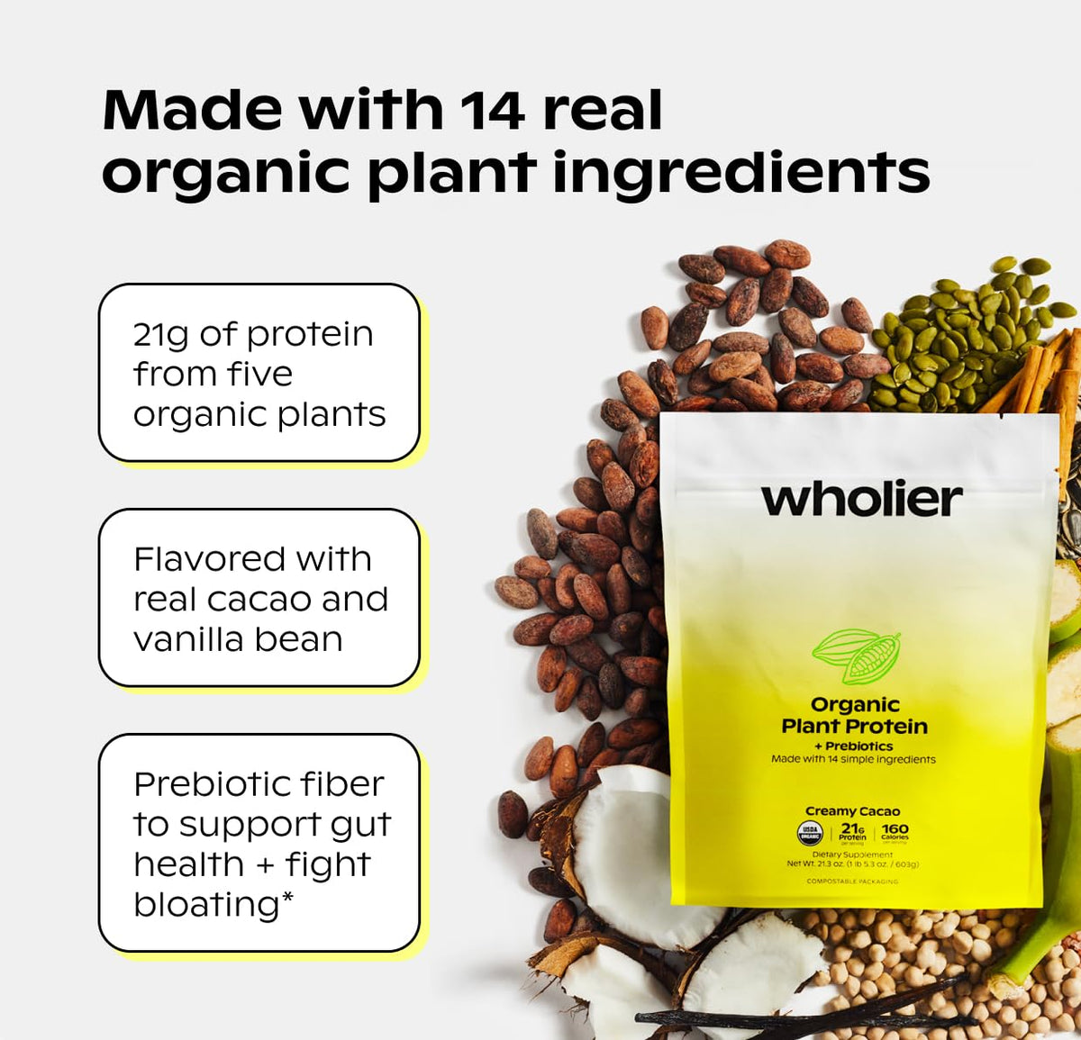 wholier Vanilla Plant Protein, 21g, 4g Fiber, Prebiotics, 14 Servings