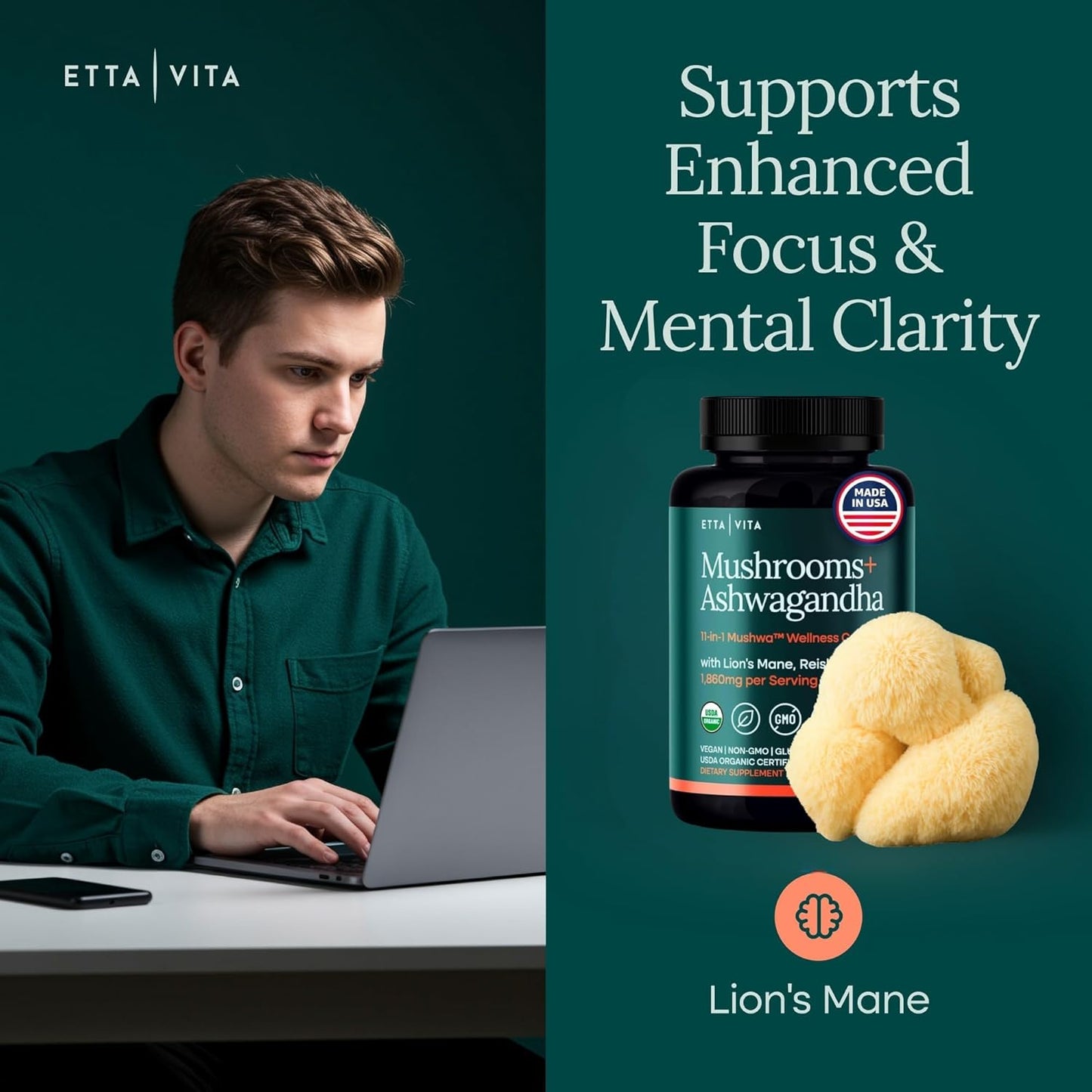 USDA Organic Lions Mane Supplement Capsules with Ashwagandha, Chaga, Reishi, Cordyceps, Turkey Tail - 10x Adaptogenic Mushroom Complex as Focus Supplement - Energy, Immunity & Nootropic