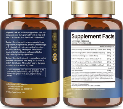 Totaria 18-in-1 Organic Ceylon Cinnamon Capsules with Berberine, Ceylon Cinnamon Supplement w/Apple Cider Vinegar Turmeric Bitter Melon Milk Thistle, for Metabolism, Energy, Heart*, 120 Counts