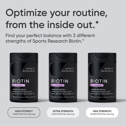 Sports Research® Biotin 10,000mcg with Organic Coconut Oil - Biotin (Vitamin B7) for Healthy Skin and Hair Support* - for Women and Men - Vegan, Non-GMO, Gluten & Soy-Free - 120 Veggie Softgels