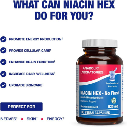 High Absorption Vitamin B3 Niacin Flush Free - Clinical Formula Flush Free Niacin Supplement from Inositol Hexanicotinate for Heart Skin & Nerve Support - Vegan Non-GMO Made in The USA - 100 Servings