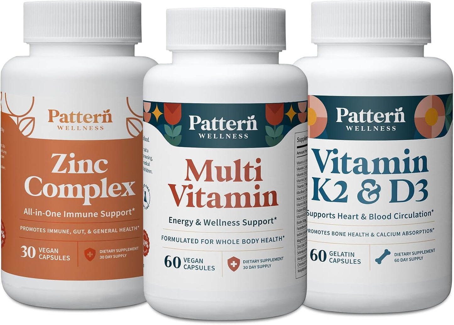Pattern Wellness Men's Health Bundle - Multivitamin, Vitamin K2 & D3, Zinc Complex - Male Health & Wellness Support - 3 Pack, All-Natural, Plant-Based Formulas
