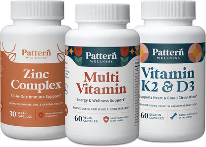 Pattern Wellness Men's Health Bundle - Multivitamin, Vitamin K2 & D3, Zinc Complex - Male Health & Wellness Support - 3 Pack, All-Natural, Plant-Based Formulas