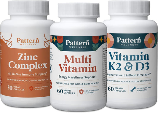 Pattern Wellness Men's Health Bundle - Multivitamin, Vitamin K2 & D3, Zinc Complex - Male Health & Wellness Support - 3 Pack, All-Natural, Plant-Based Formulas