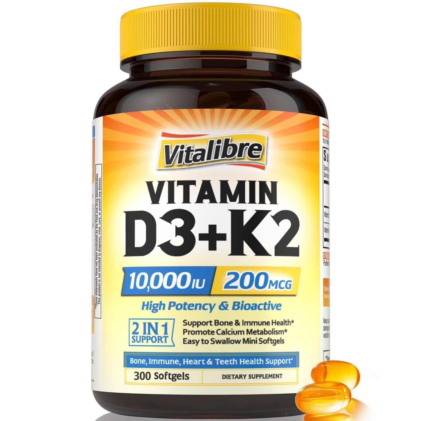 Vitalibre Vitamin D3 K2 Supplement, Vitamin D3 10000 IU & 200 mcg K2 MK7 | Enhanced Calcium Absorption, Bone, Heart, Immune & Mood Support, No Soy, Easy to Swallow, 90 Softgels