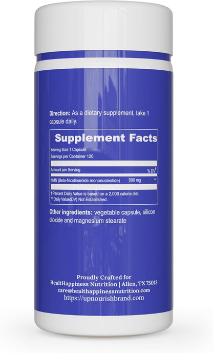 UpNourish NMN 500mg 120 Capsules - Beta Nicotinamide Mononucleotide NAD Supplement - Nicotinamide Riboside Alternative for Women & Men