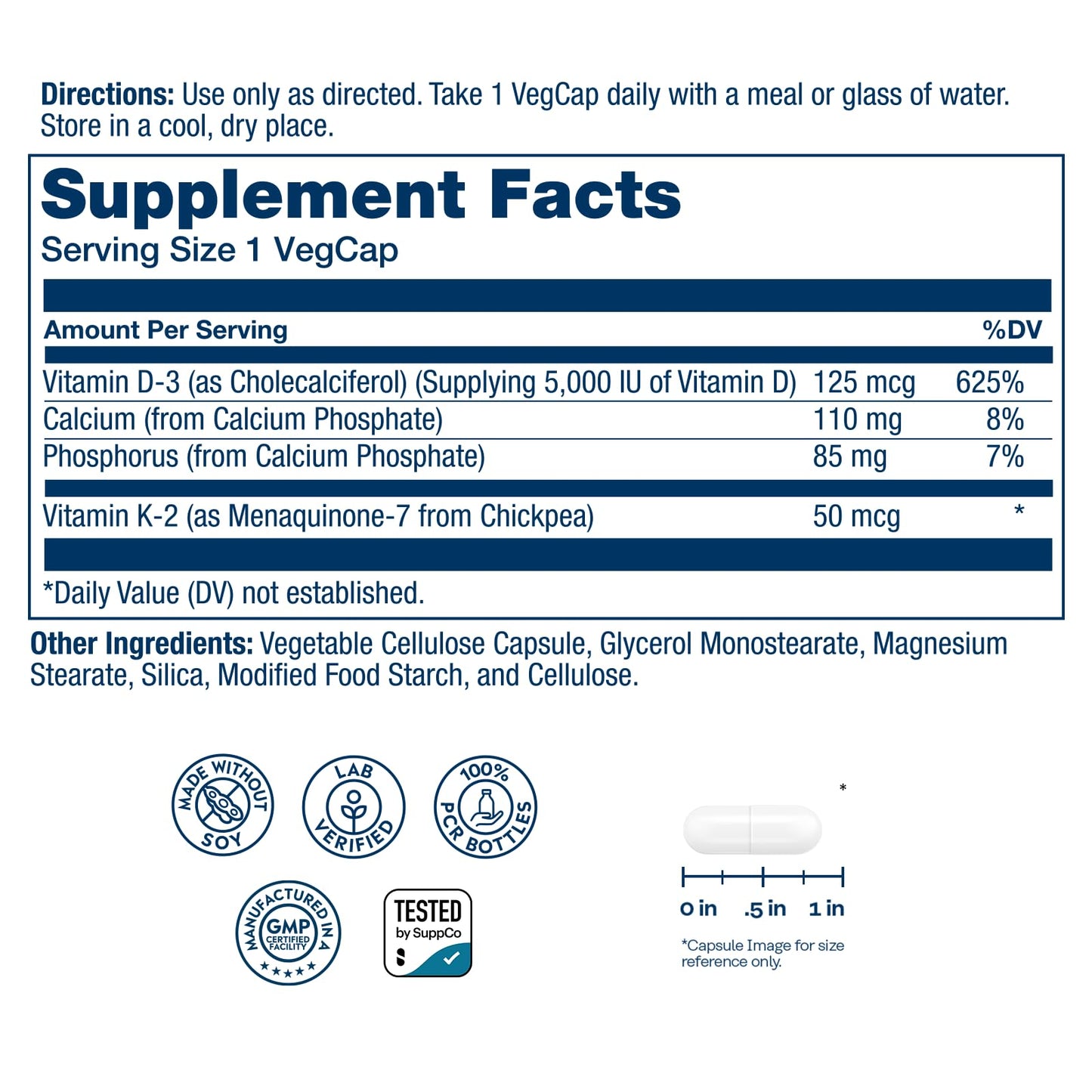 SOLARAY Vitamin D3 K2 - Bone Health and Immune Support Supplement - With 5000 IU Vitamin D as Vit D3 and 50 mcg Vitamin K2 as Menoquinone MK7, Made Without Soy, 60-Day Guarantee, 120 Serv, 120 VegCaps