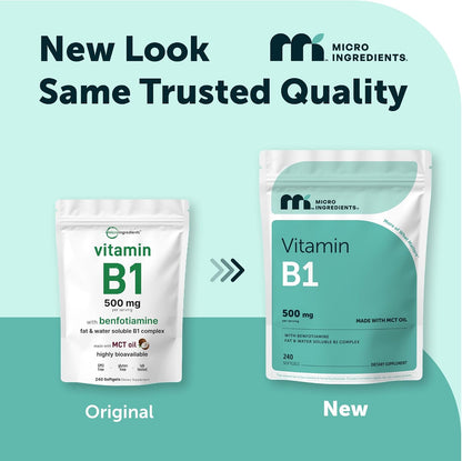 Micro Ingredients Vitamin B1 Thiamine 500mg with Benfotiamine & MCT Oil, 240 Softgels | Highly Bioavailable Thiamine Supplement for Energy & Nervous System Support* | Non-GMO, Soy Free