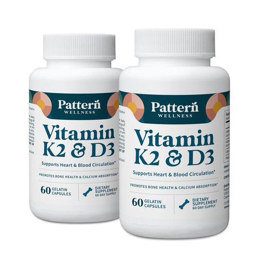 Pattern Wellness Vitamin K2 & D3 Supplement with Calcium – Bone Health, Circulatory Wellness & Immune Support - Non-GMO - 60 Capsules
