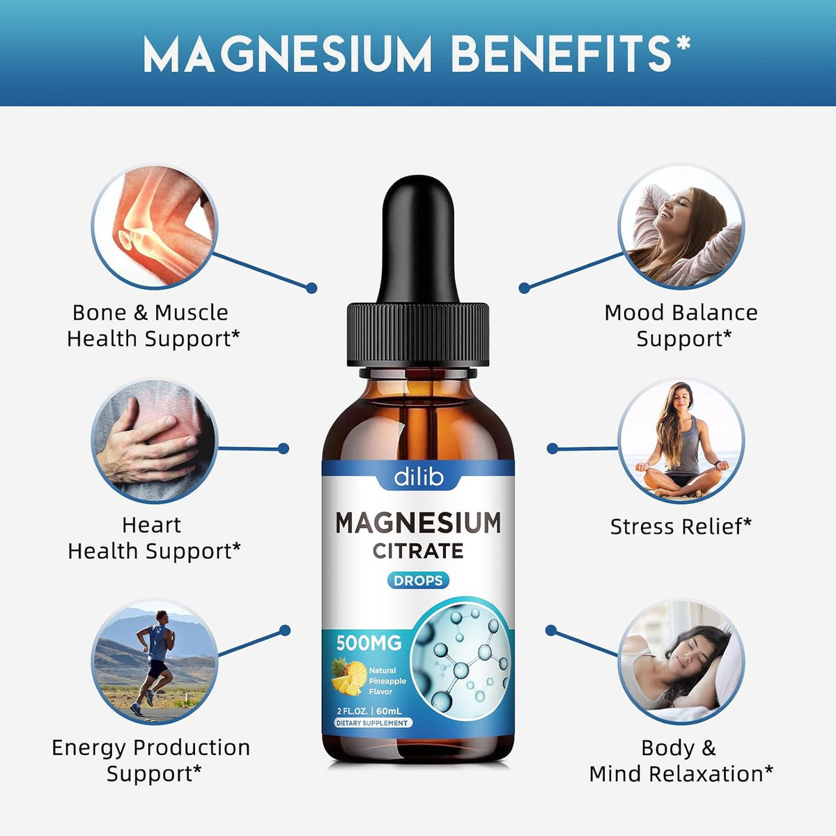 Magnesium Citrate Liquid Magnesium Drops Supplement 500mg-Support Stress Relief, Bone, Muscle, Mood, Sleep-2 Fl Oz, Vegan, Pineapple Flavor