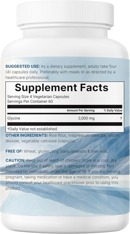 Glycine 2,000mg Per Serving, 240 Veggie Capsules | Free Form | Double Strength Amino Acids | Restful Sleep and Neurotransmitter Support Supplements | Non-GMO, Gluten Free