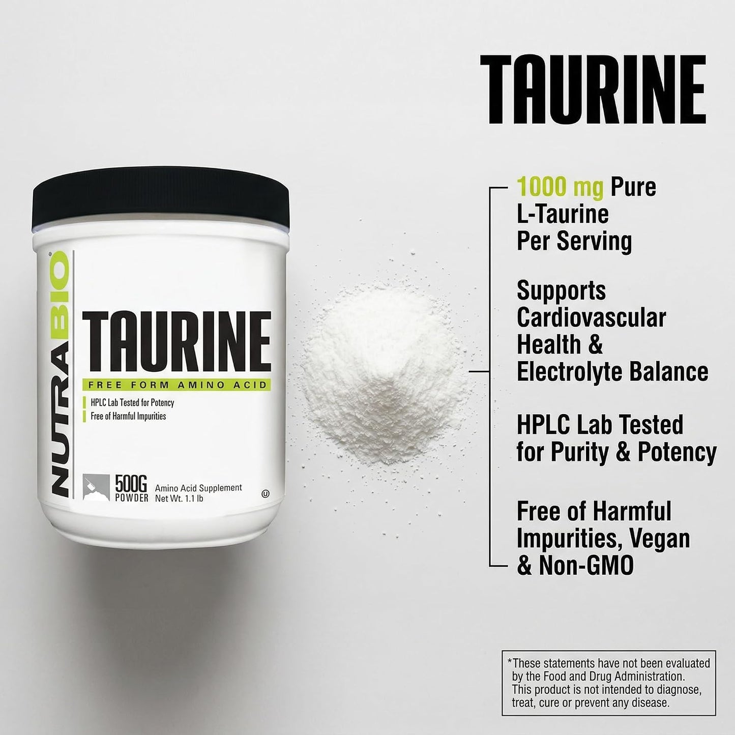 NutraBio Taurine Powder 500g | Pure Free-Form L-Taurine Amino Acid Supplement | Supports Cellular Health, Energy, and Wellness | Non-GMO, USP Grade