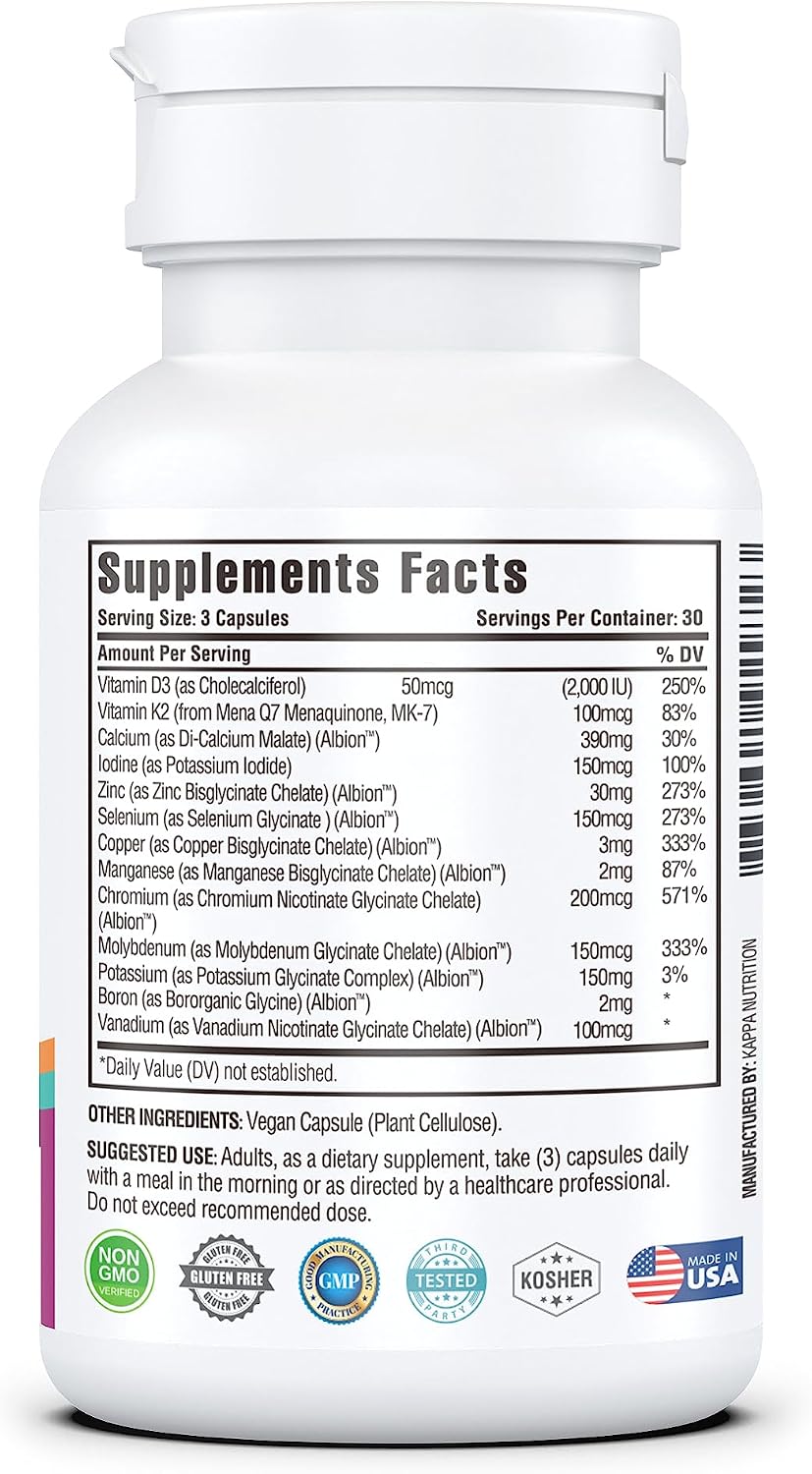 KAPPA NUTRITION Mineral 13 in 1 Advanced Complex with Albion® Chelated Minerals & MenaQ7® MK-7 Vitamin K2 | Calcium, Zinc, Selenium, Chromium, Iodine & Trace Minerals | 90 Vegan Capsules