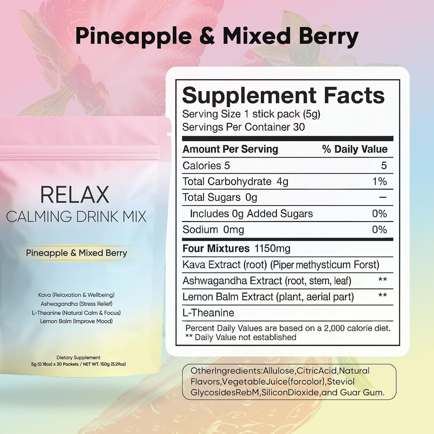 Relax Calming Drink, Natural Calm Powder Drink with L-Theanine, Ashwagandha and Kava, Sugar Free Calm Supplement for Relax & Natural Relieve Stress, Non GMO, Pineapple & Mixed Berry, 30 Packets (1)