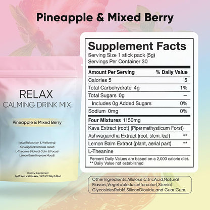 Relax Calming Drink, Natural Calm Powder Drink with L-Theanine, Ashwagandha and Kava, Sugar Free Calm Supplement for Relax & Natural Relieve Stress, Non GMO, Pineapple & Mixed Berry, 30 Packets (1)