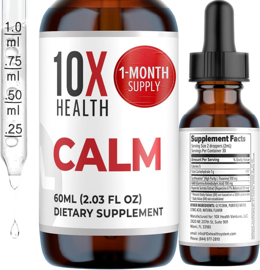 10X Health Calm Drops - 100mg, 2.03 Fl Oz | Gaba Supplements: 100mg L-Theanine, Calm & Stress Support, Natural Flavor, 2.03 Fl Oz