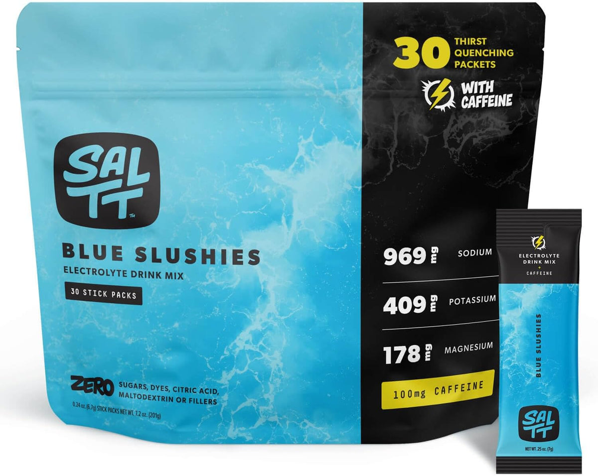 Keto Chow SALTT Electrolytes Powder Packets (Blue Slushies with 100mg Caffeine) 30 Stick Packs - Easy Dissolve, No Clumping - Essential Minerals - Hydration - Zero Sugar - Gluten Free, Vegan & Kosher