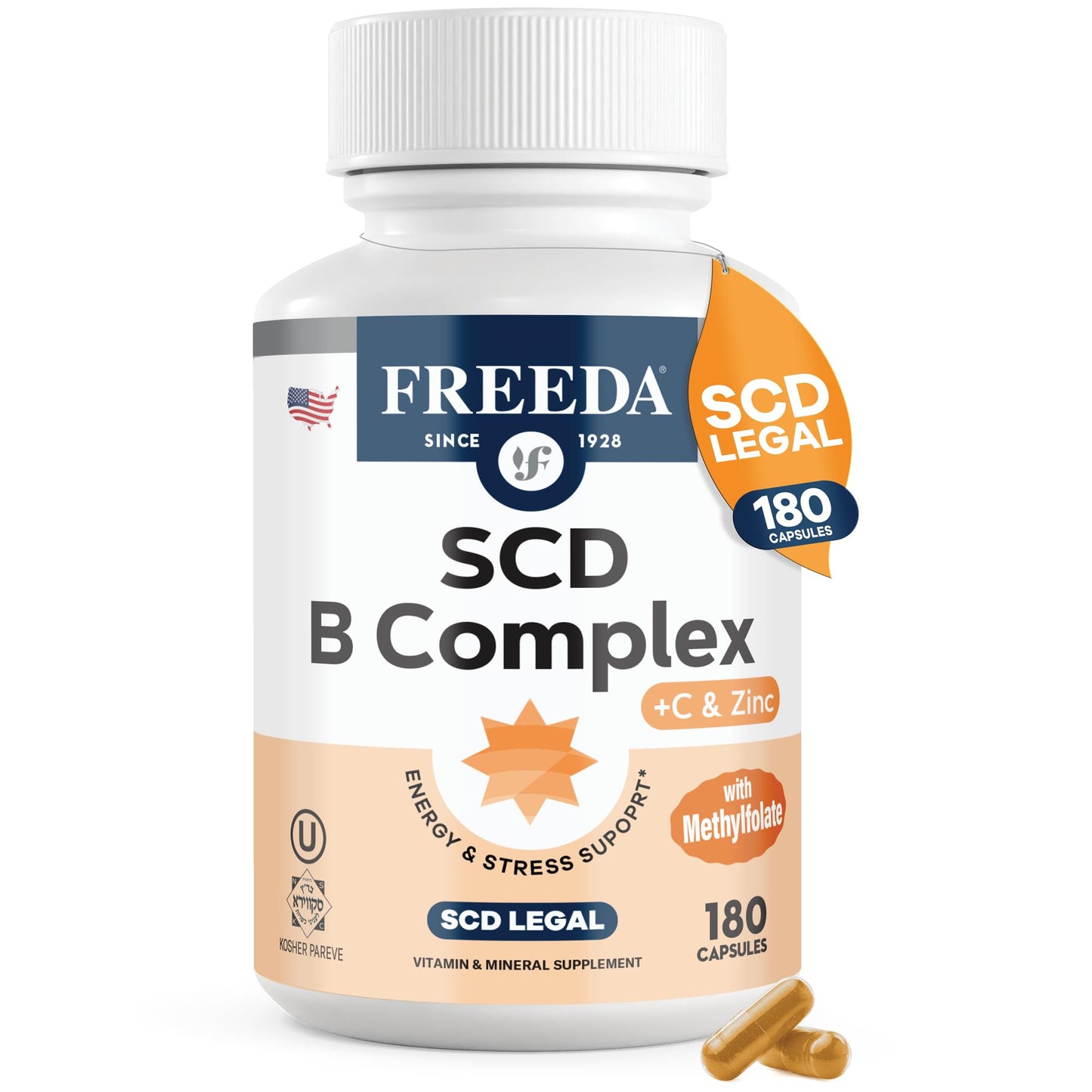 FREEDA Vitamin B Complex with Vitamin C & Zinc – 60 Capsules | Supports Energy & Metabolism with Active B12, Methylfolate, B1–B6, Biotin, Choline - Vegan, Kosher, SCD Legal