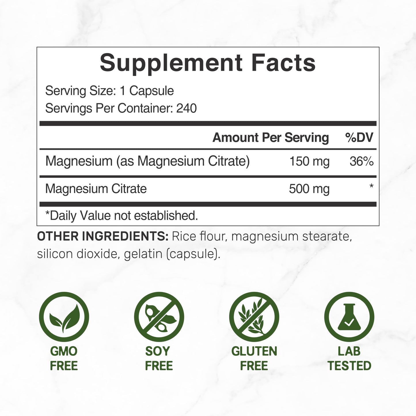 Deal Supplement Magnesium Citrate 500mg, 240 Capsules | One a Day, Easily Absorbed, Purified Trace Mineral – Non-GMO