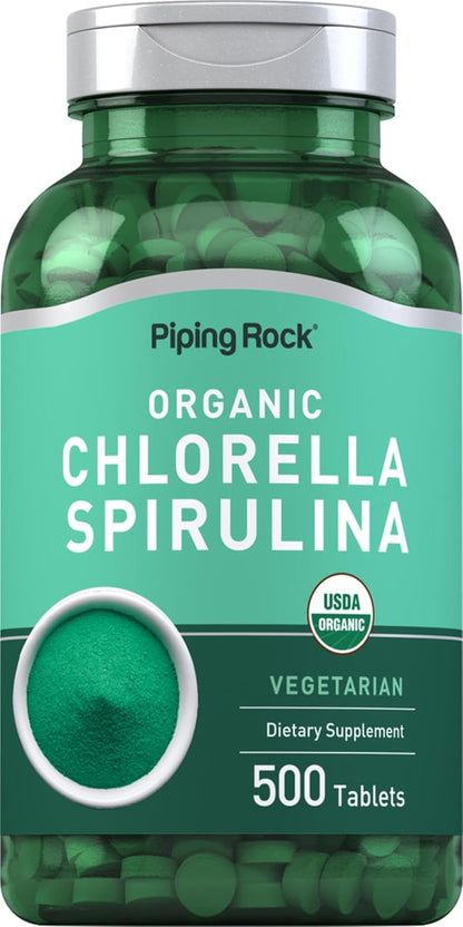 Piping Rock Chlorella Spirulina Organic | 500 Tablets | Vegetarian, Non-GMO and Gluten Free Supplement
