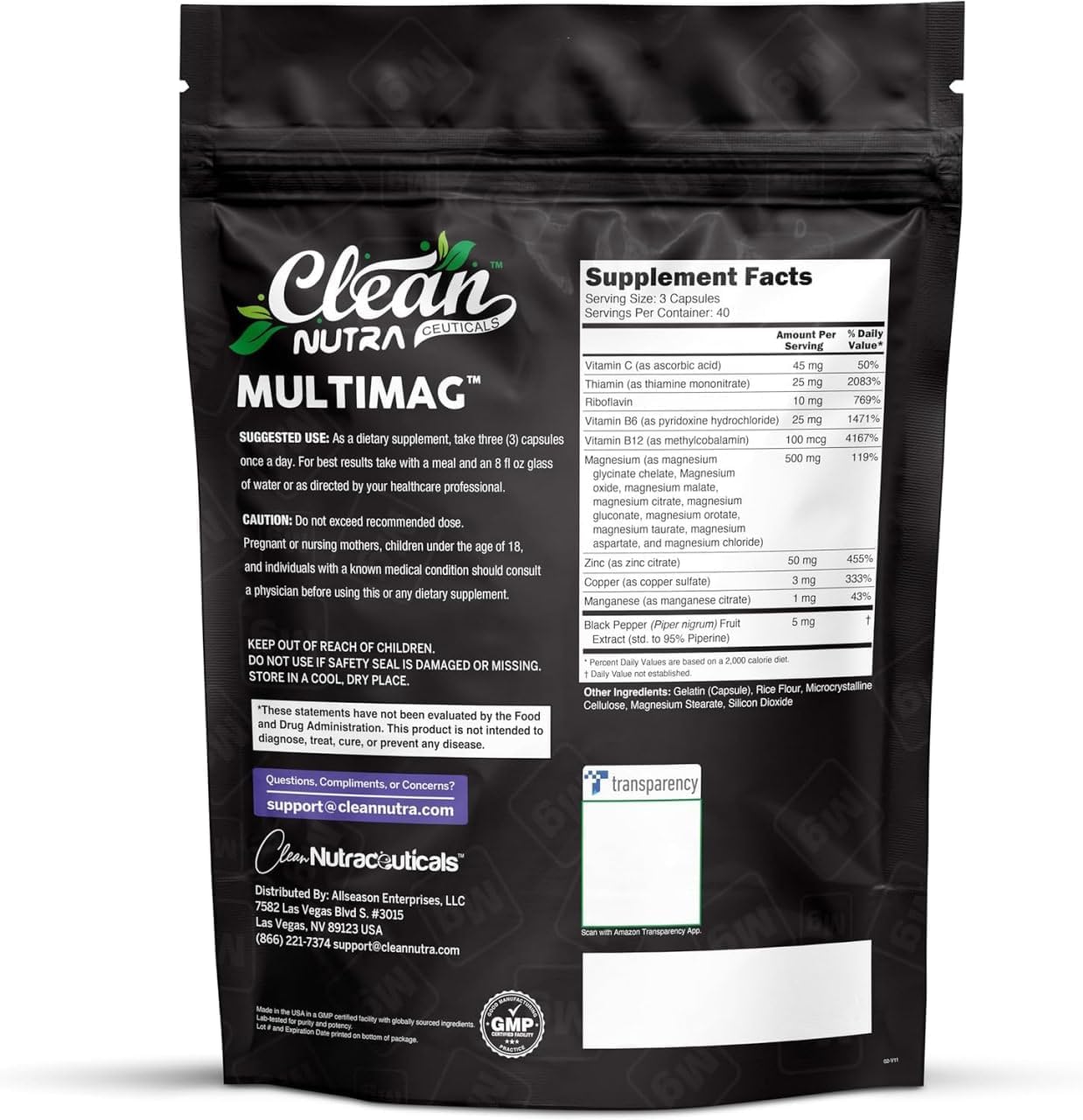 Clean Nutraceuticals Magnesium Complex with Magnesium Glycinate Citrate Malate Oxide Taurate Aspartate Orotate & Mag Chloride, Zinc Copper Manganese & Vitamin C B1 B2 B6 B12 Complex - 1Pack