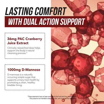 CranEaze®: Cranberry Juice Extract Plus D-Mannose – 36 mg PAC, 100% Soluble PAC - Supports Urinary Tract Health – Most Effective Cranberry Pills for Women, UTI Cranberry Supplement - 60 Capsules