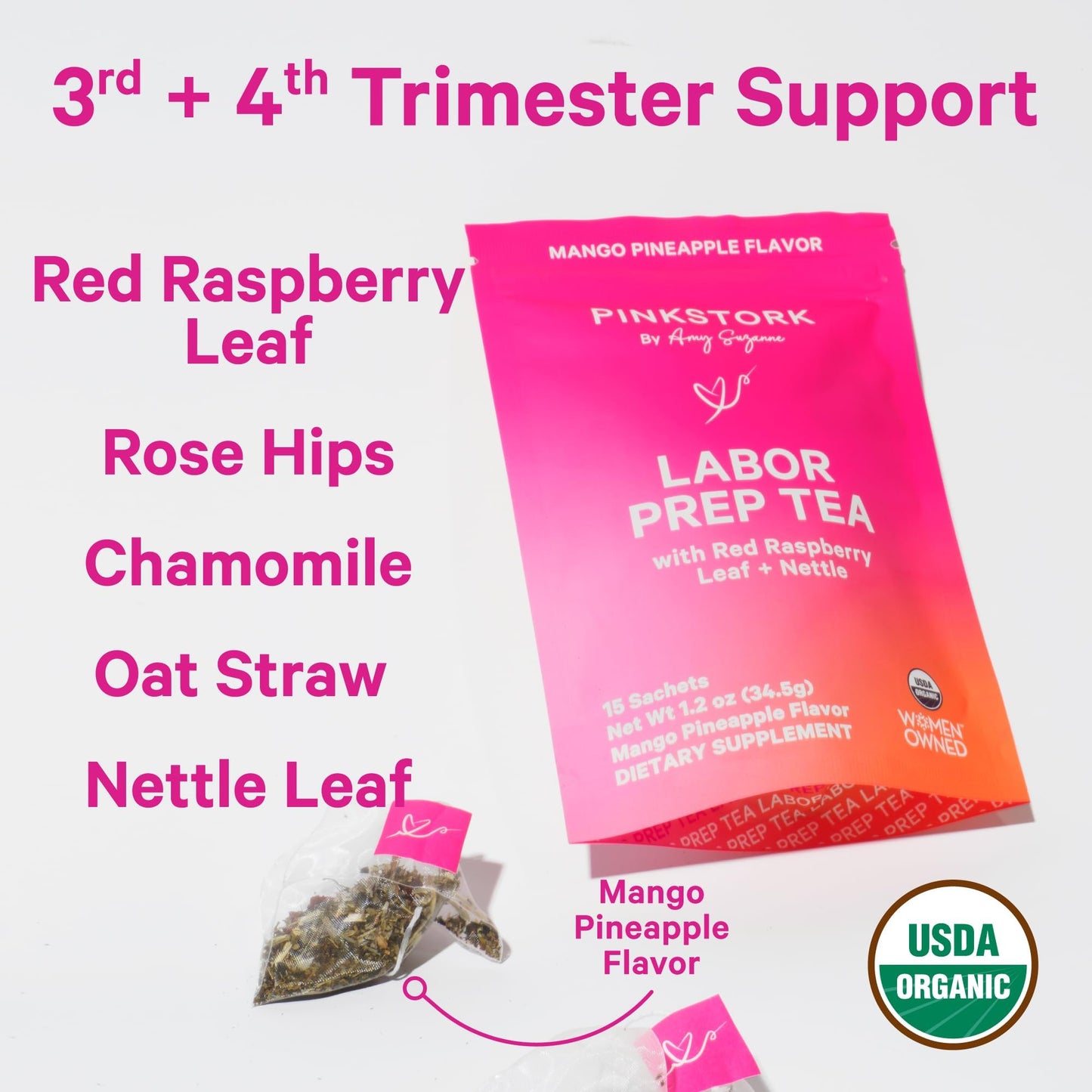 Pink Stork Organic Labor Prep Tea, Sweet Floral Flavor, 30 Cups | Red Raspberry Leadf, Chamomile + Rosehip, Caffeine-Free, Third Trimester Pregnancy, 15 Sachets