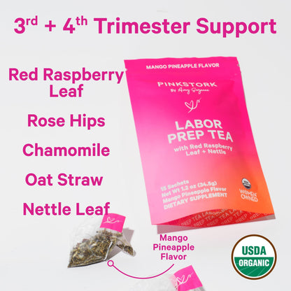 Pink Stork Organic Labor Prep Tea, Sweet Floral Flavor, 30 Cups | Red Raspberry Leadf, Chamomile + Rosehip, Caffeine-Free, Third Trimester Pregnancy, 15 Sachets
