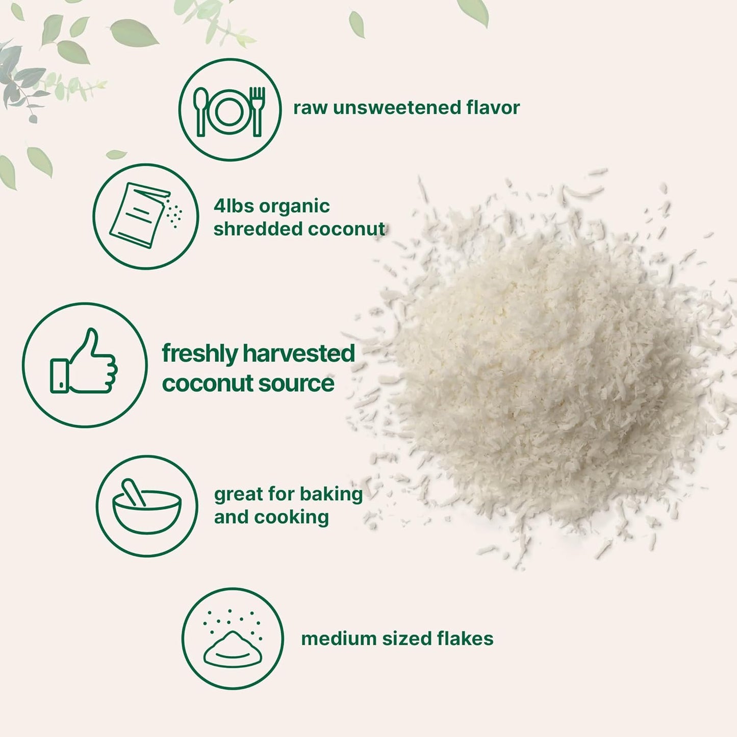 Organic Shredded Coconut Flakes, 4lbs | Raw Unsweetened Flavor, Medium Sized | Great for Baking, Smoothies, or Garnish | Non-GMO, Sugar Free, Keto Friendly